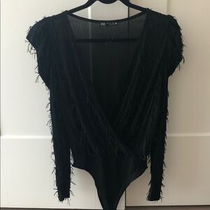 Zara Elegant Black Fringe Bodysuit